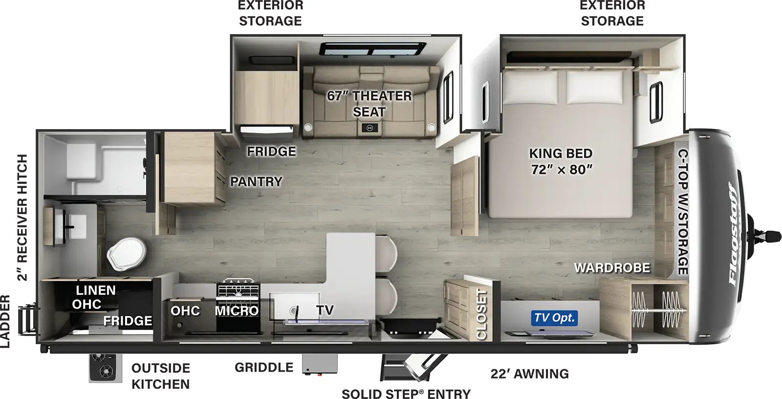 The Flagstaff Classic Travel Trailers 826KBS has one entry and two slide outs. Exterior features include: fiberglass exterior, 22' awning and outside kitchen. Interiors features include: front bedroom and rear bathroom.